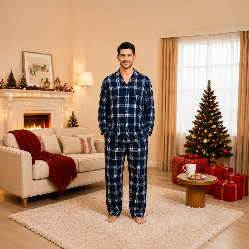 Pyjama de Noël assorti pour la famille - Motif à carreaux bleu marine