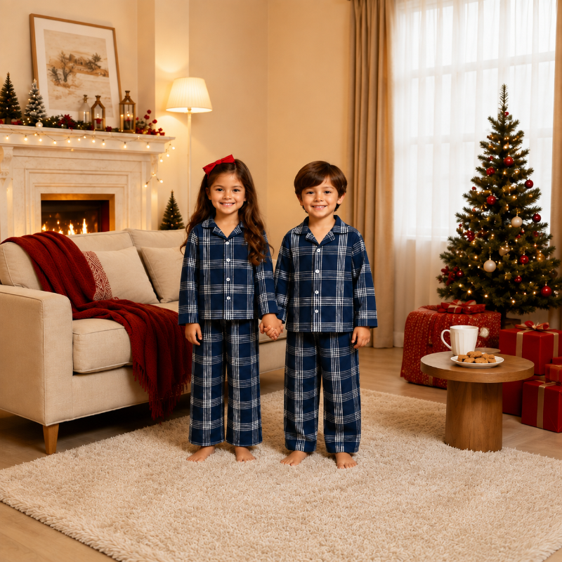 Pyjama de Noël assorti pour la famille - Motif à carreaux bleu marine