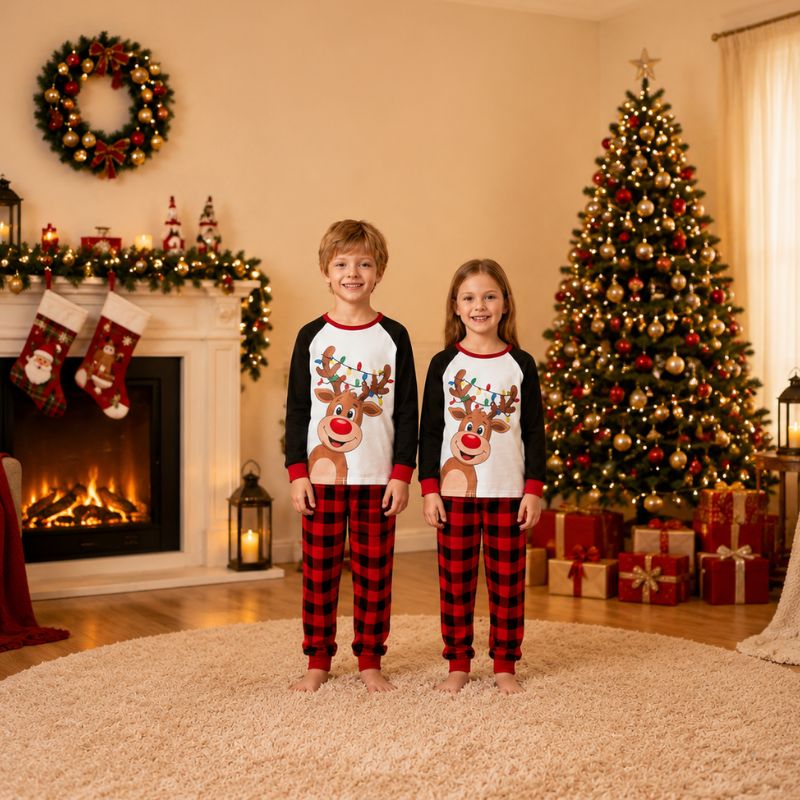 Weihnachtspyjama im Familienlook – Rentiermotiv mit Karomuster