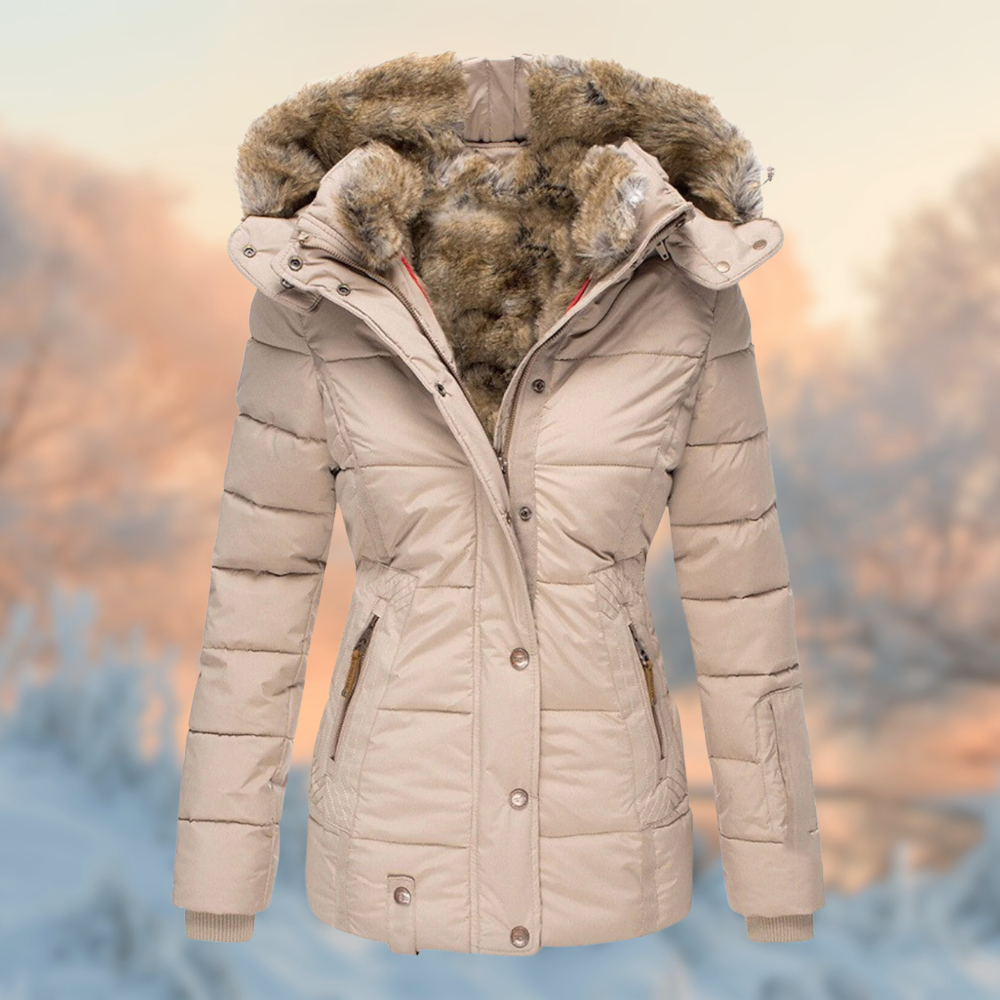 Damen warmer Wintermantel mit Kapuze und schmeichelhaftem Schnitt