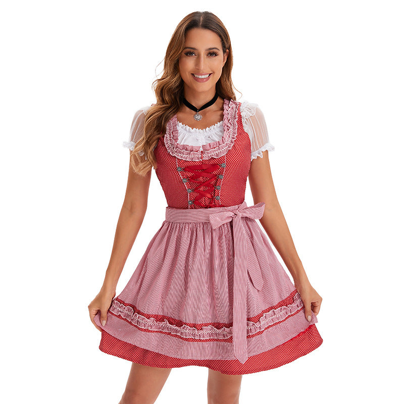 Dirndl-kjole til kvinder i kort model med blonder og forklæde