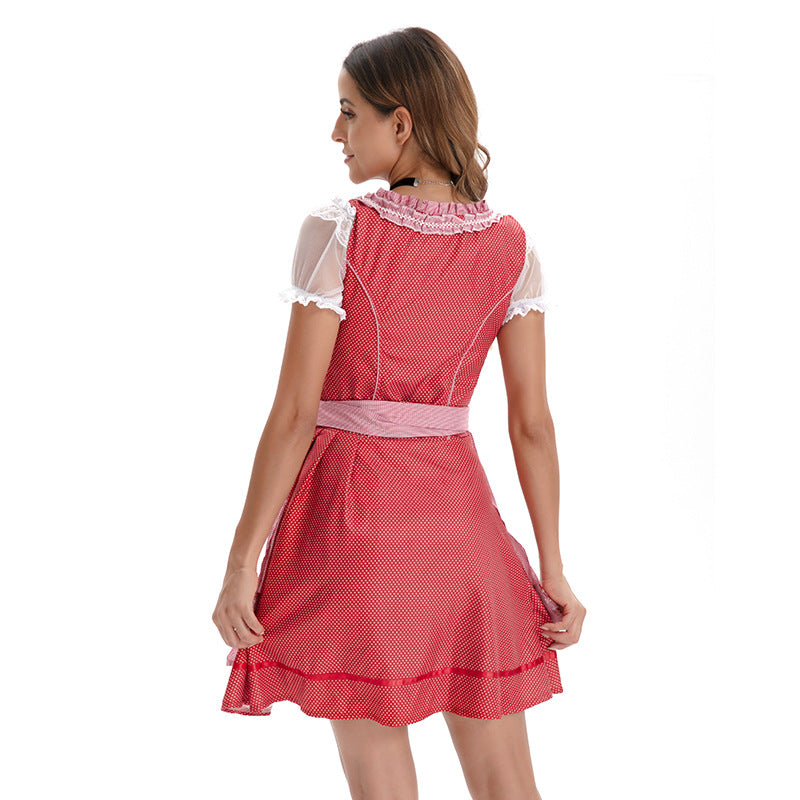 Dirndl-kjole til kvinder i kort model med blonder og forklæde