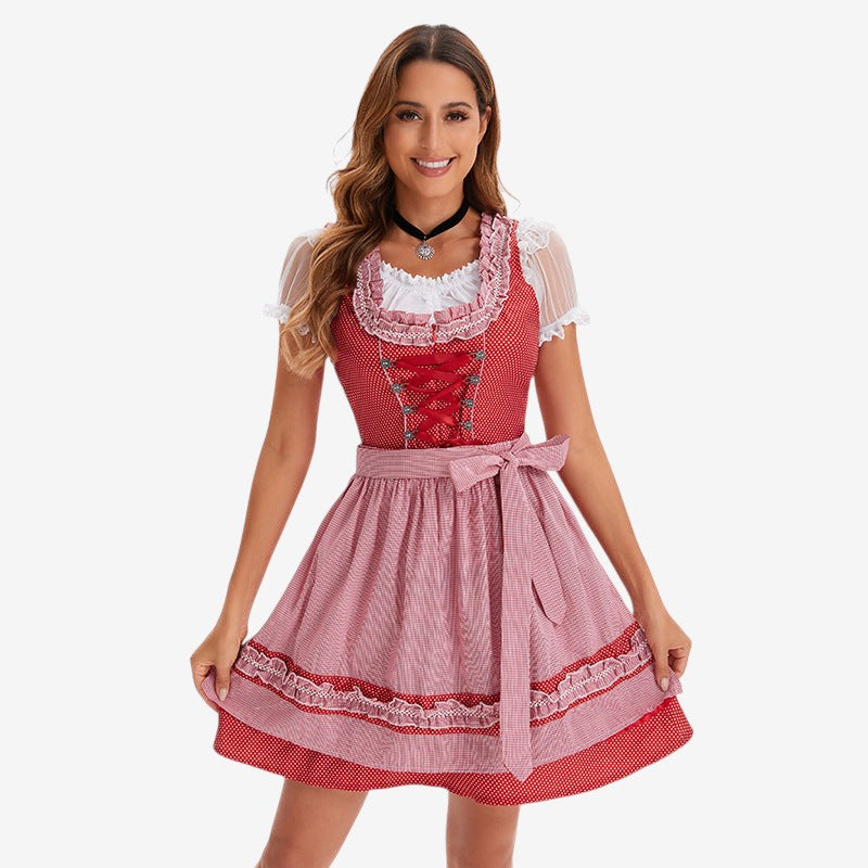 Dirndl-kjole til kvinder i kort model med blonder og forklæde