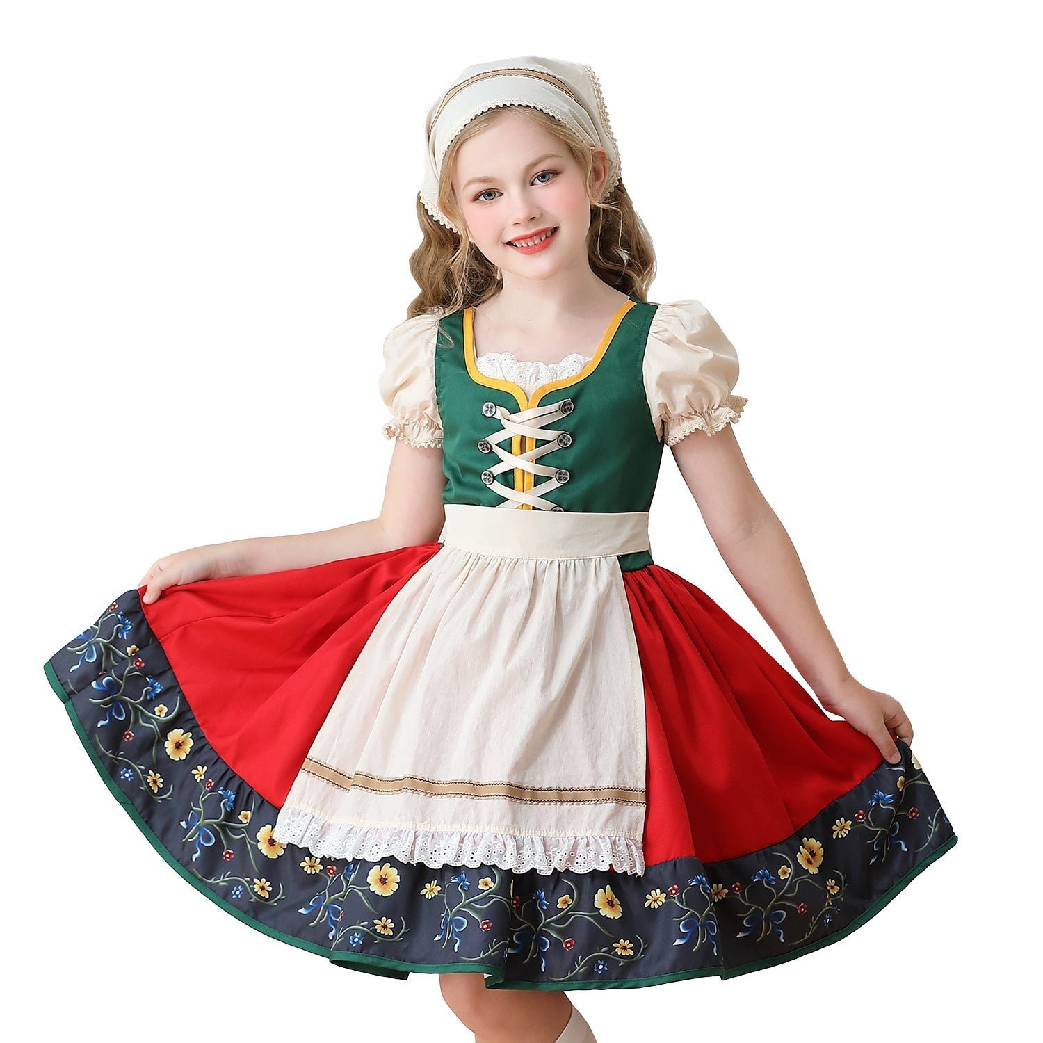 Girls’ traditional dress with apron and headscarf