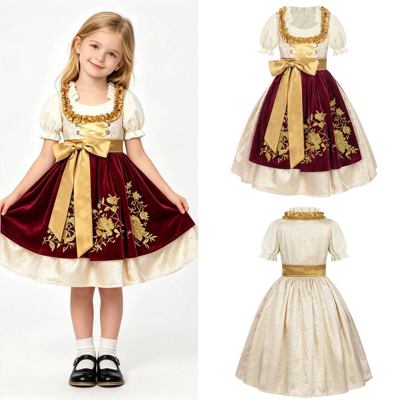 Dirndl för flickor med broderat förkläde och volangblus