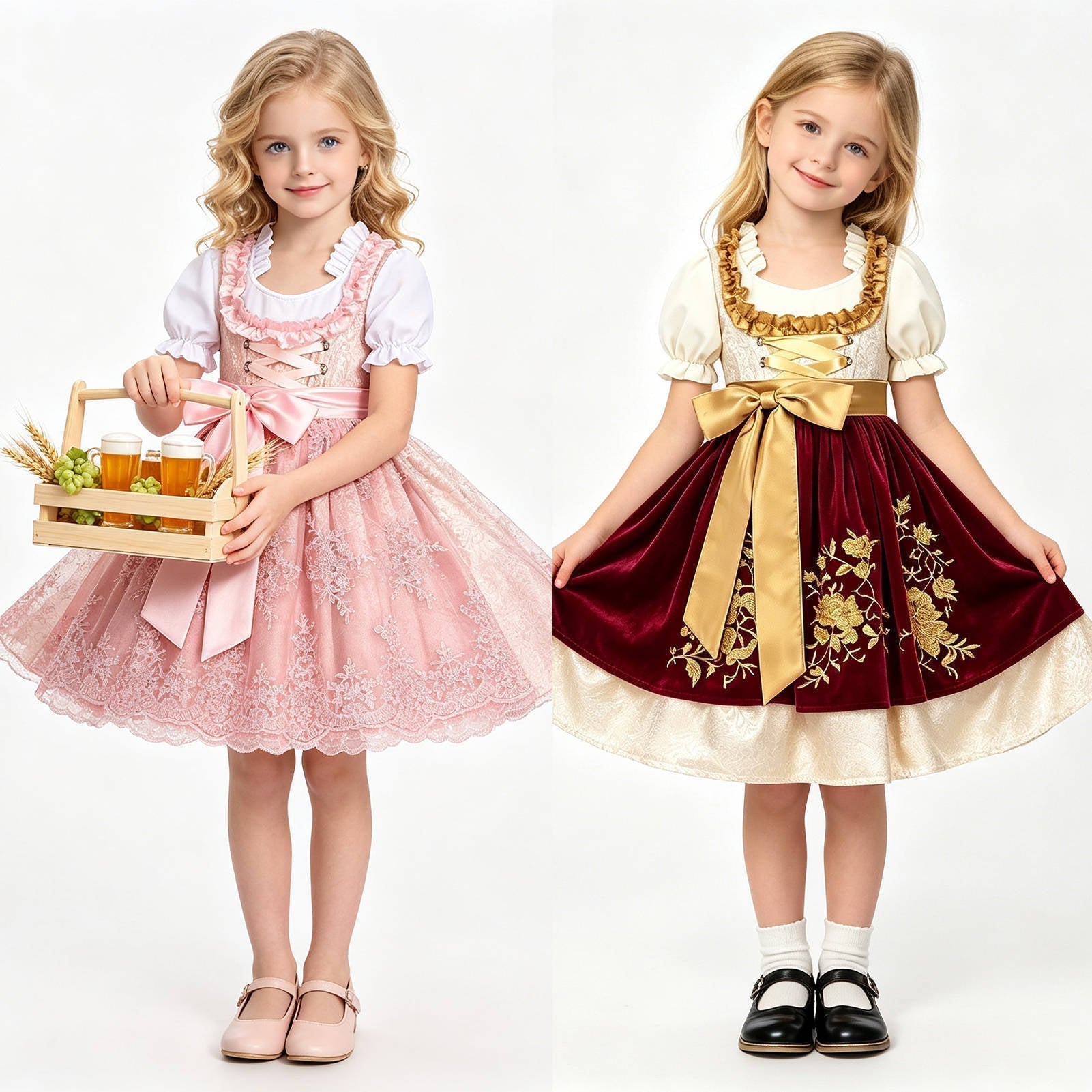 Dirndl för flickor med broderat förkläde och volangblus