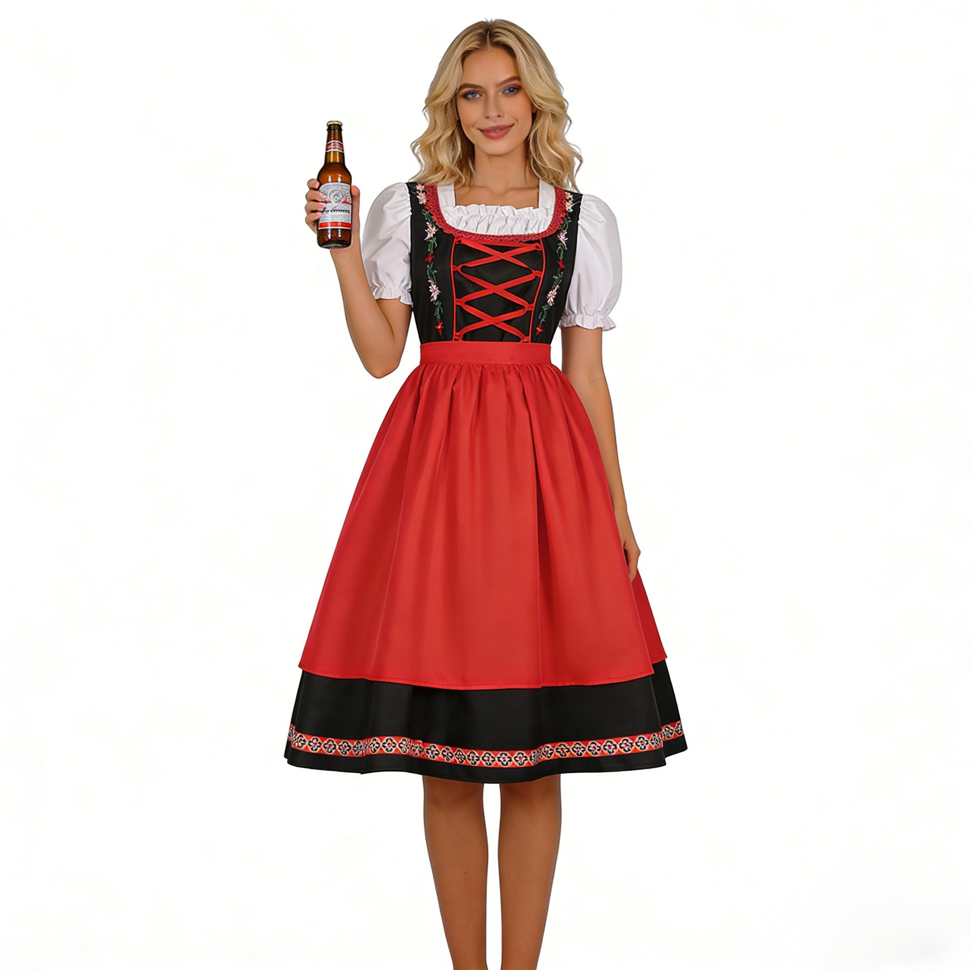 Dirndl-kjole til kvinder med broderet liv og pufærmer