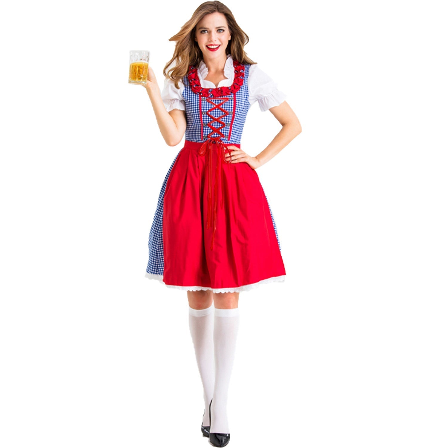 Karo-dirndl til kvinder – med flæsekrave og snørelukning