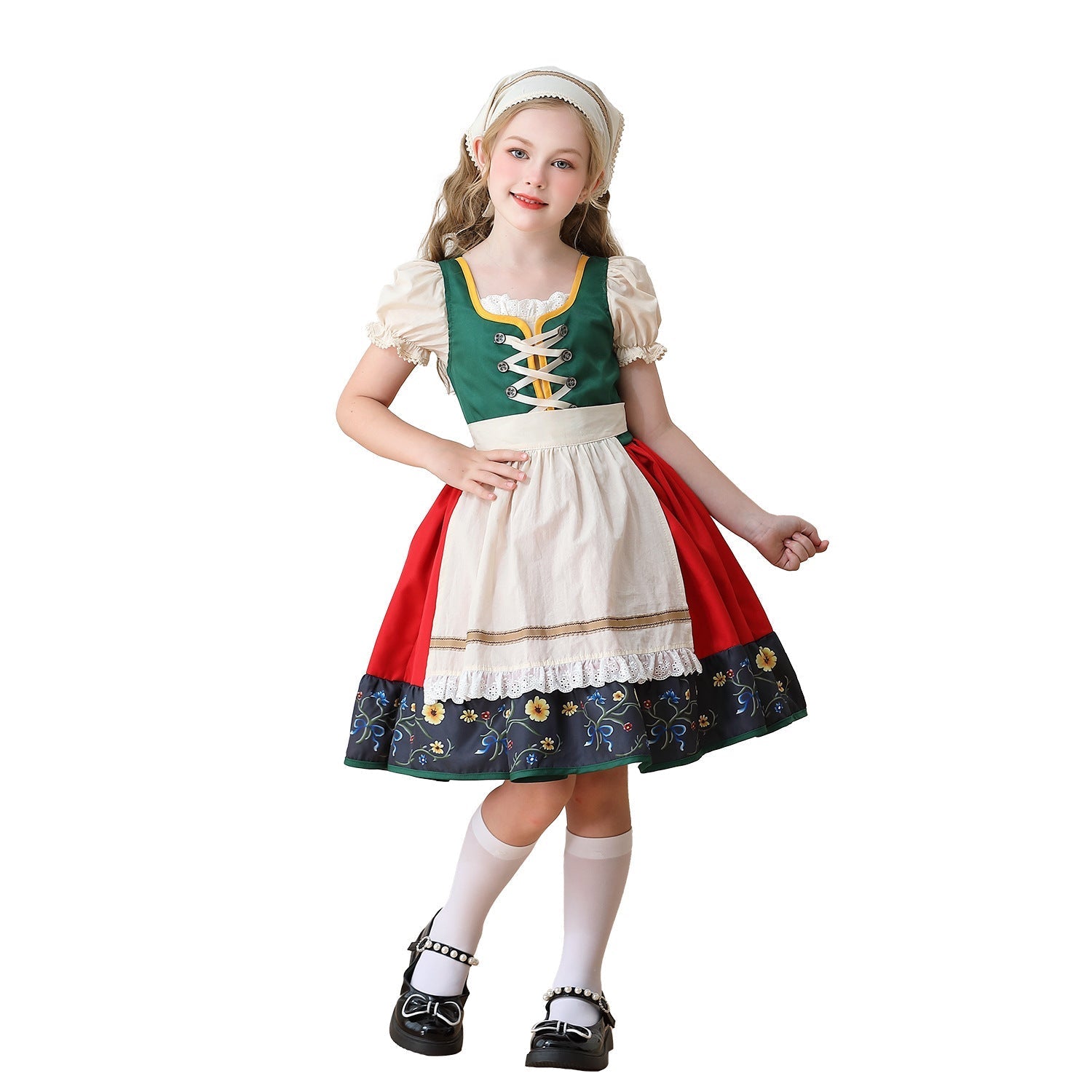 Girls’ traditional dress with apron and headscarf