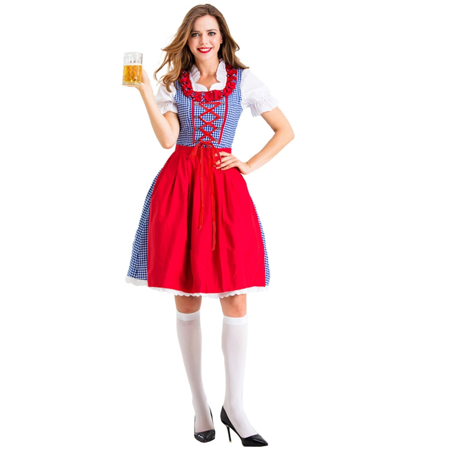 Rutig dirndl för damer – med volangkrage och snörning