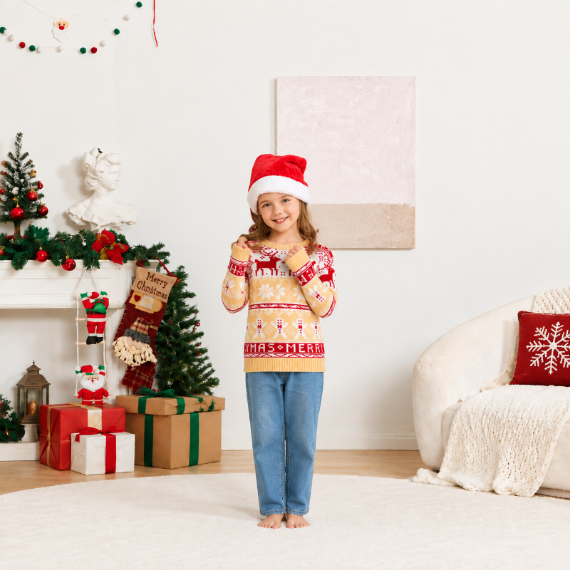 Kersttrui in familiestijl - Sneeuwvlokken en rendieren