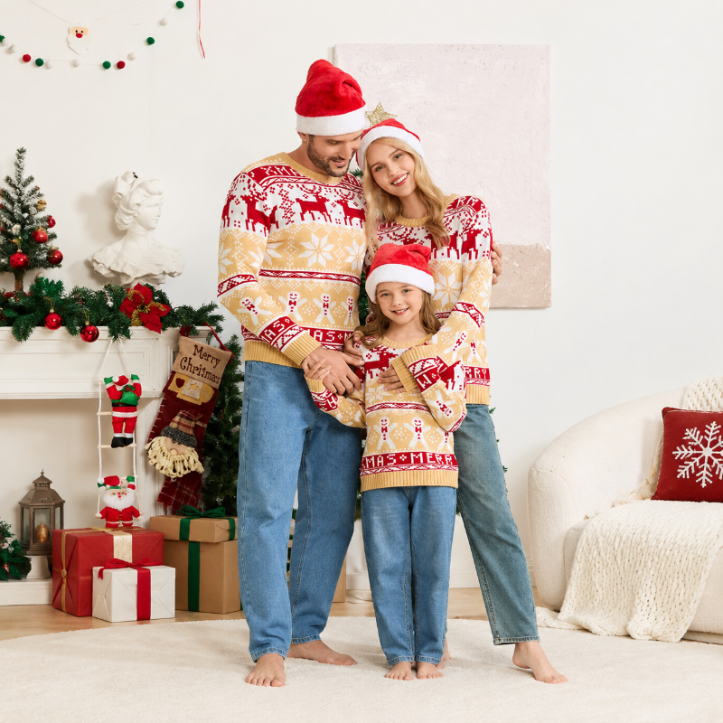 Kersttrui in familiestijl - Sneeuwvlokken en rendieren