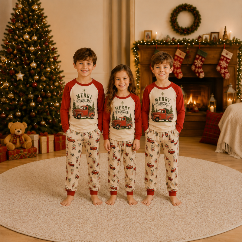 Kerstpyjama in gezinslook - vintage vrachtwagenmotief