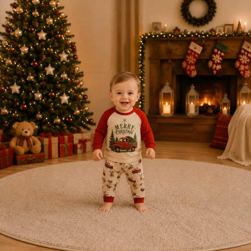 Kerstpyjama in gezinslook - vintage vrachtwagenmotief