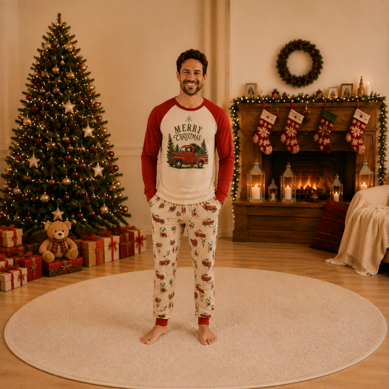 Kerstpyjama in gezinslook - vintage vrachtwagenmotief