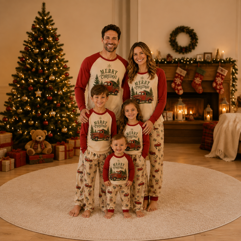 Kerstpyjama in gezinslook - vintage vrachtwagenmotief