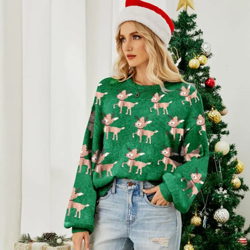 Damen-Weihnachtspullover – Rentierdruck mit Rundhalsausschnitt
