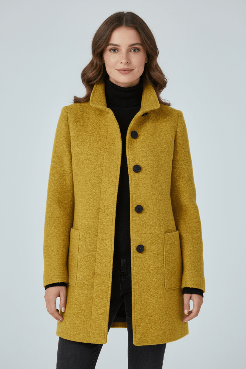 Damen Langer Mantel | Stehkragenjacke mit taillierter Passform und Knopfleiste