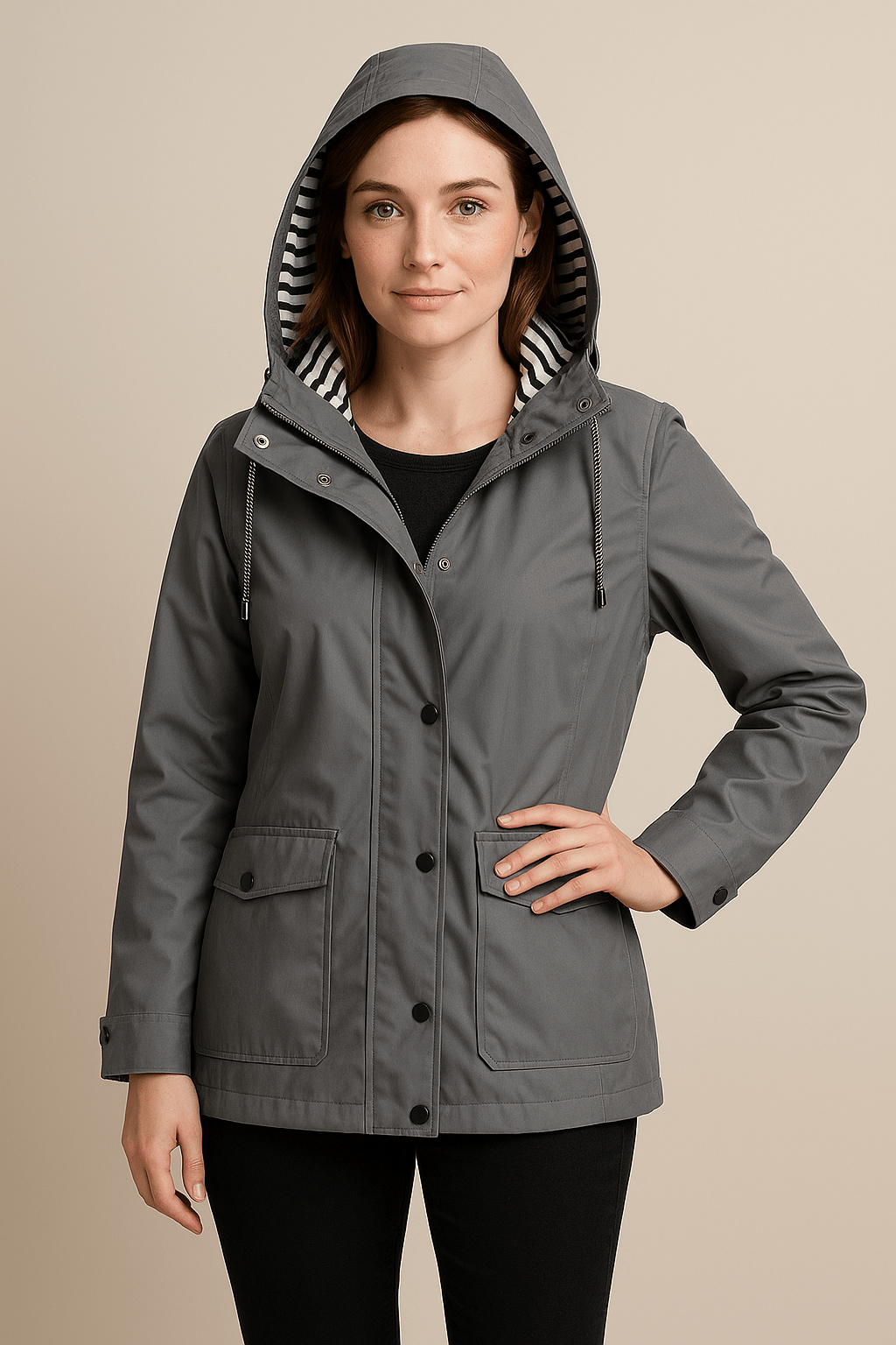 Damen Mid-Length Regenmantel mit verstellbarer Kapuze