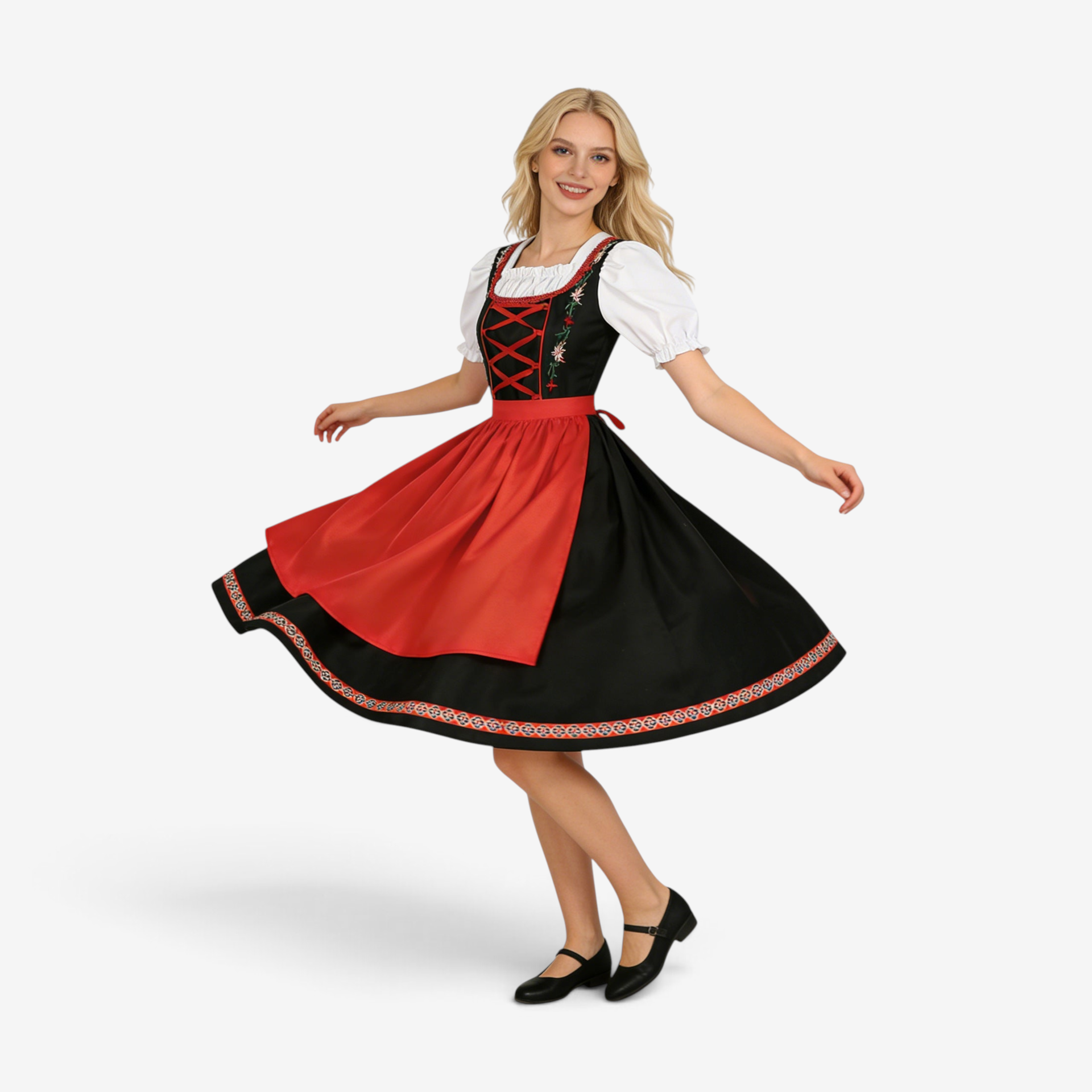Dirndl-kjole til kvinder med broderet liv og pufærmer