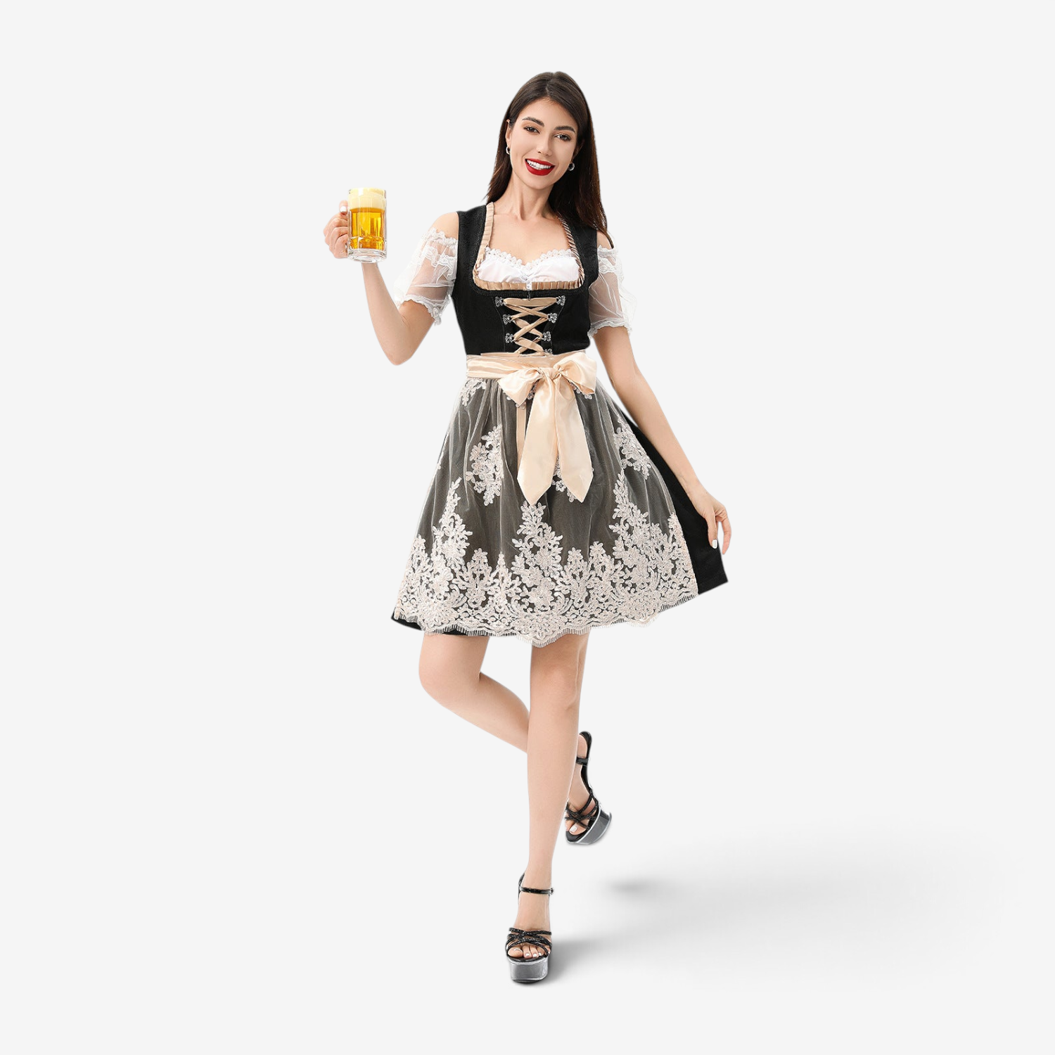Dirndl-kjole til kvinder med blondeoverdel og satinbånd
