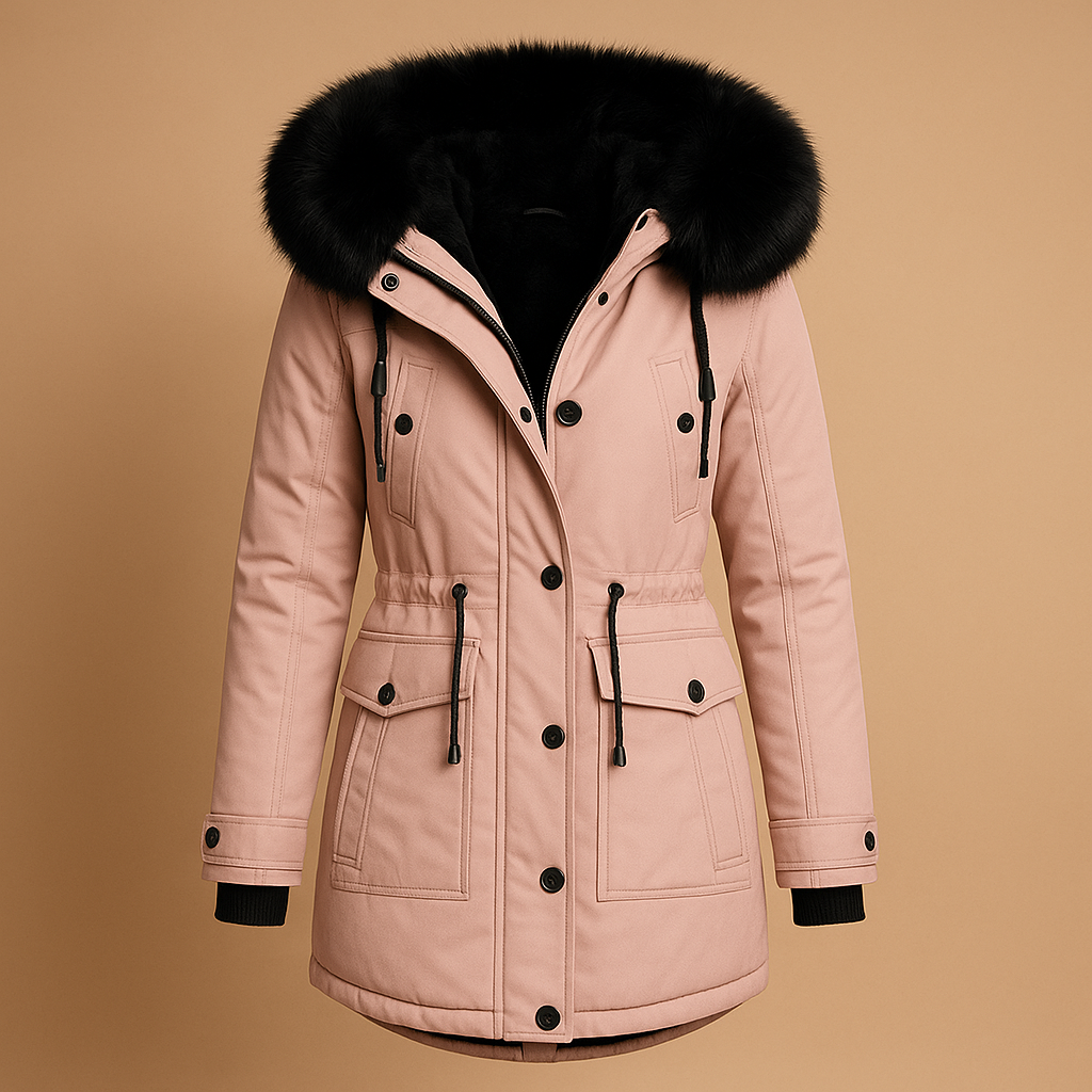 Damen Lange Wasserdichte Winterjacke mit Kunstfellkapuze