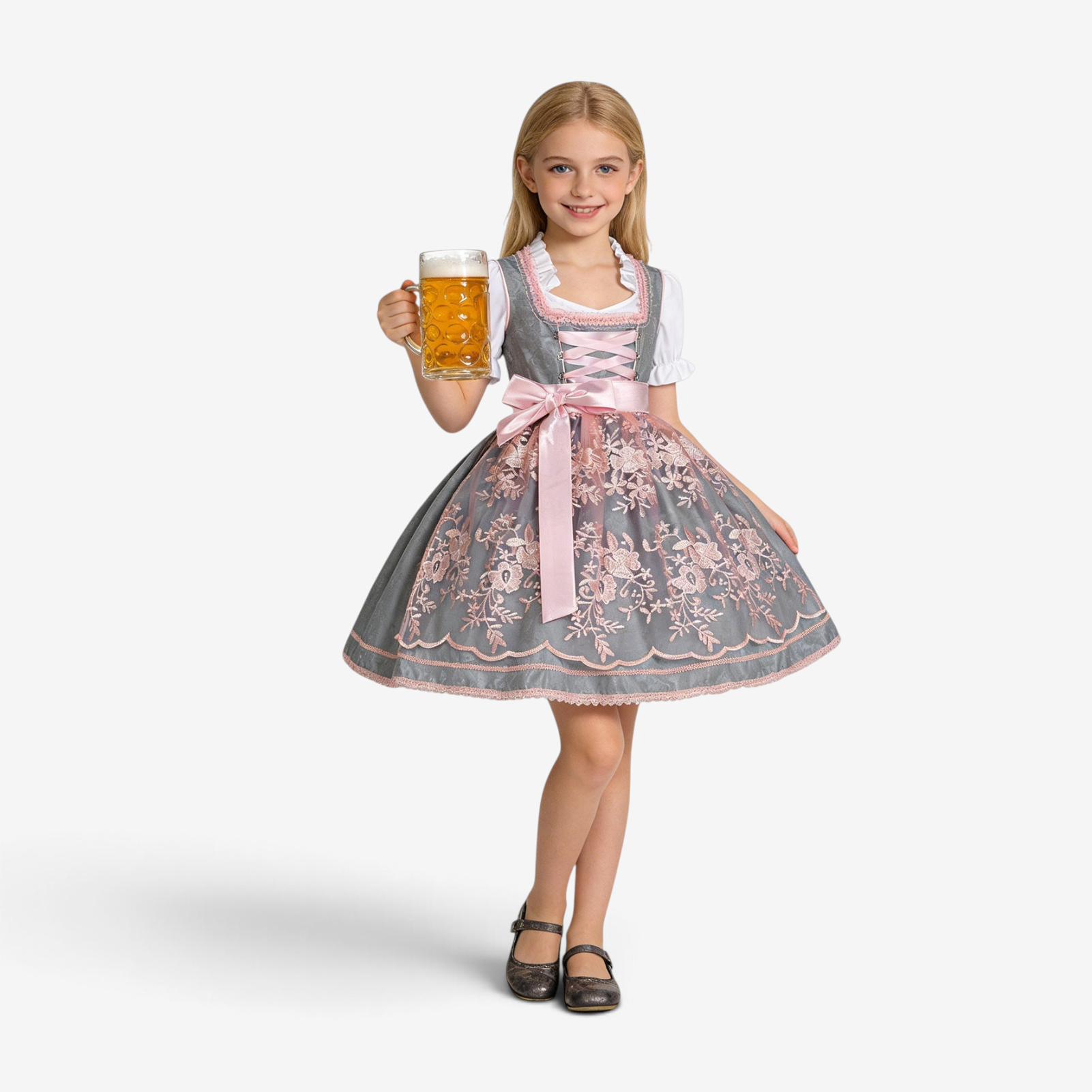 Dirndl för flickor med broderat förkläde och volangblus