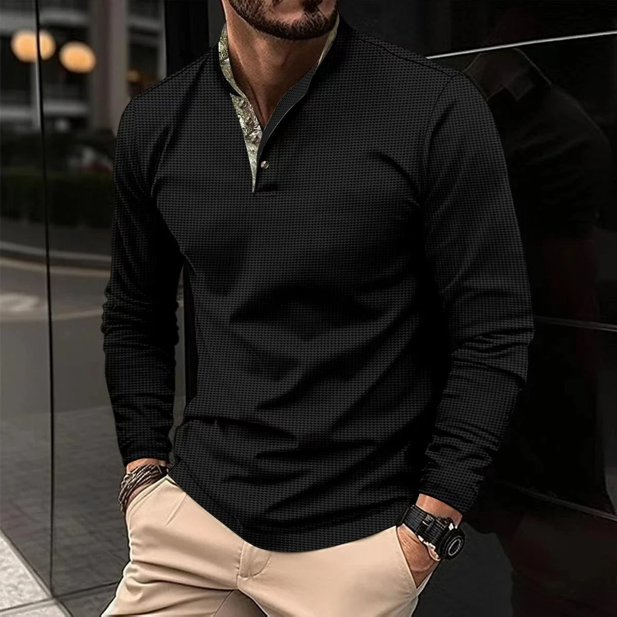 Herren Langarm-Polohemd | Modernes Polo mit Kontrastkragen