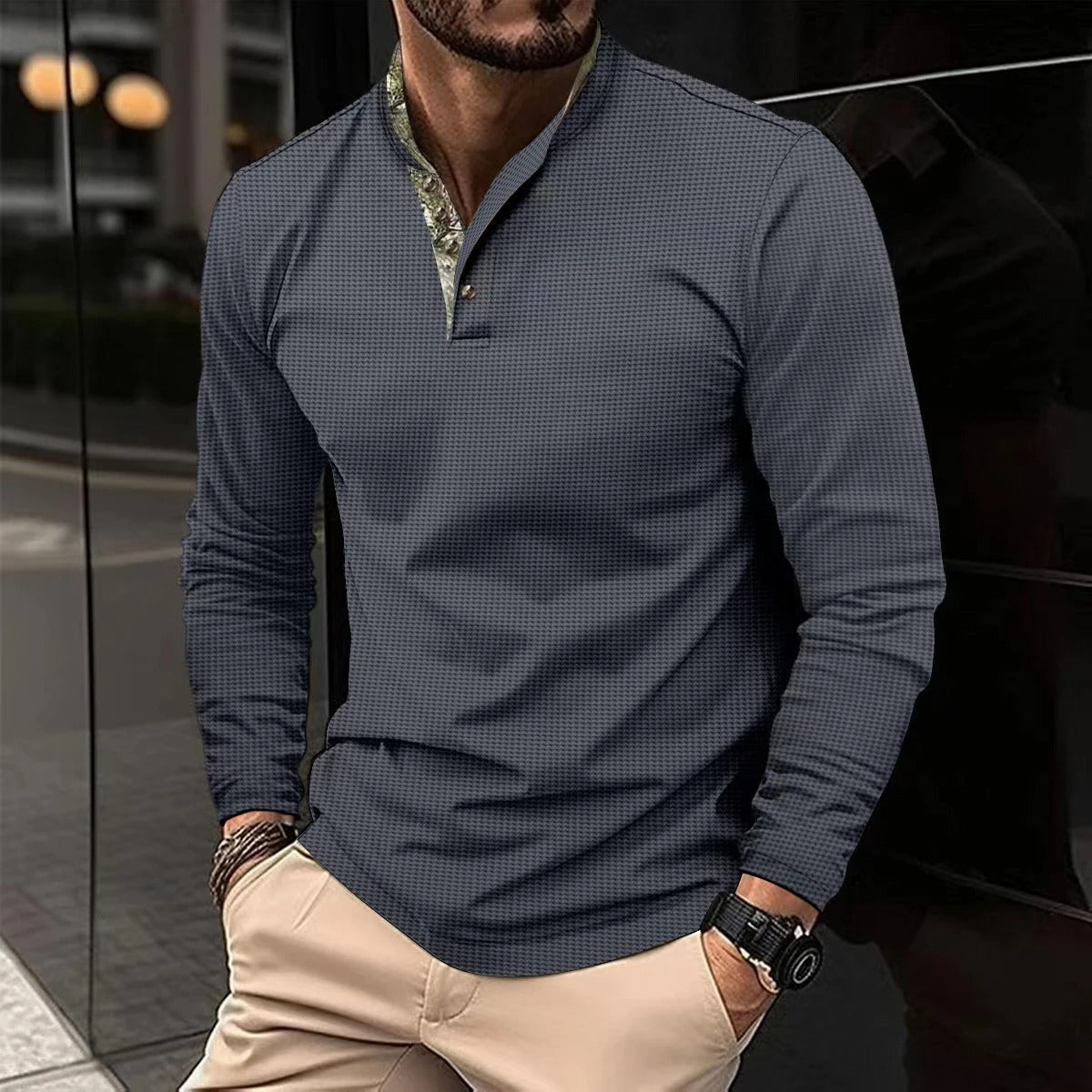 Herren Langarm-Polohemd | Modernes Polo mit Kontrastkragen