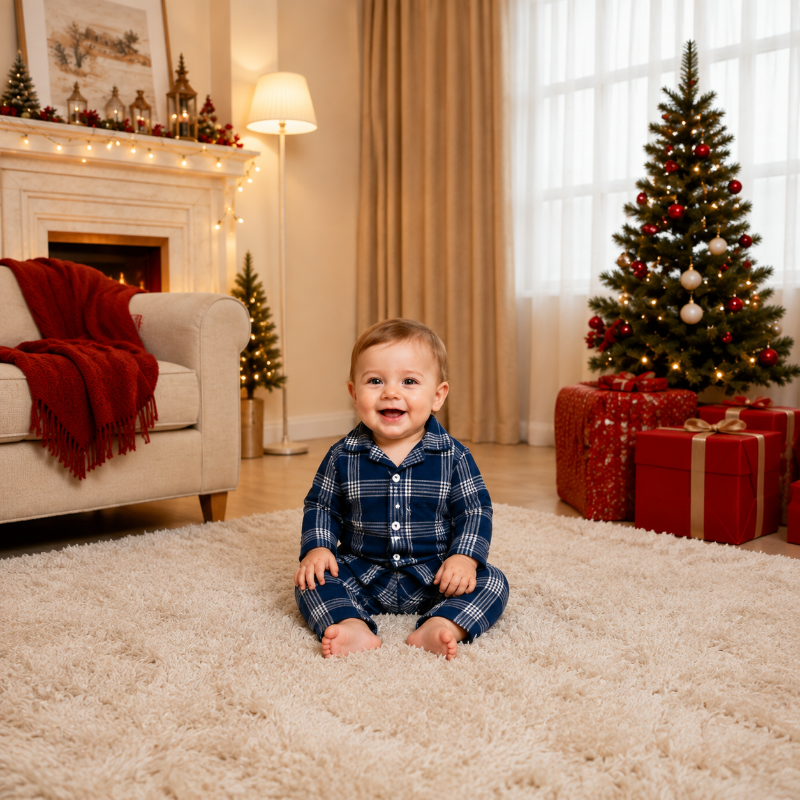 Pyjama de Noël assorti pour la famille - Motif à carreaux bleu marine