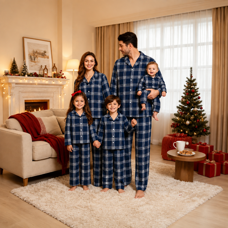 Pyjama de Noël assorti pour la famille - Motif à carreaux bleu marine