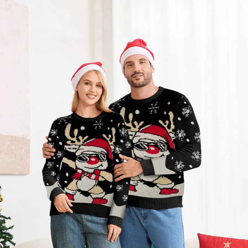 Weihnachtspullover im Familienlook – Cooles Rentier mit Rundhalsausschnitt