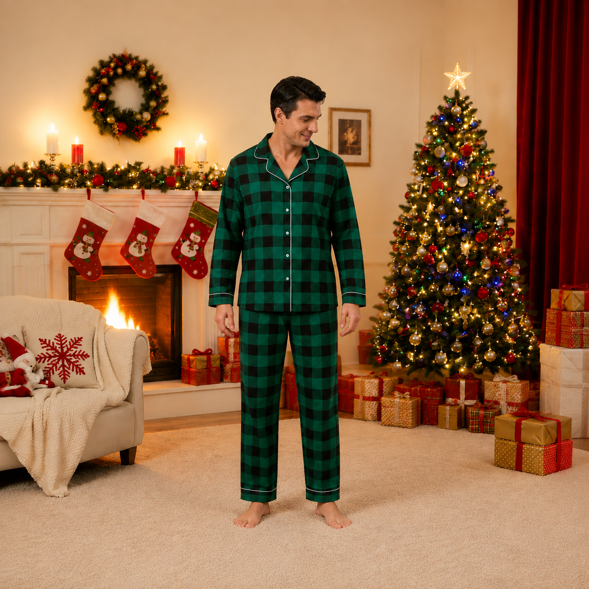 Weihnachtspyjama im Familienlook – Tannengrünes Karomuster