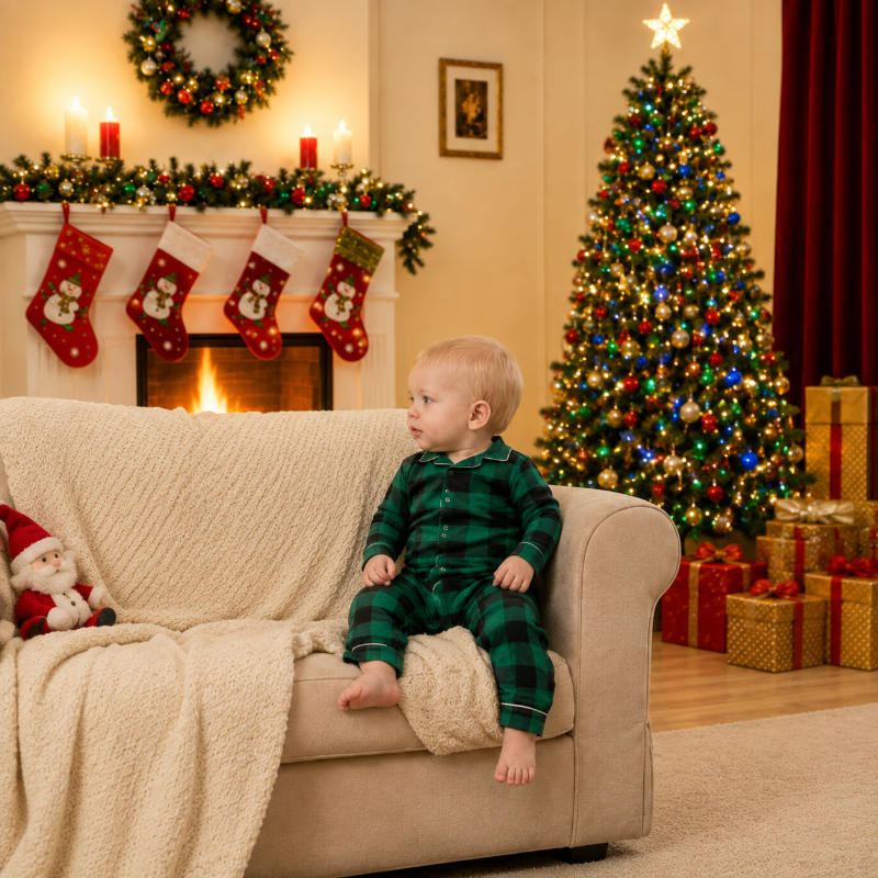 Weihnachtspyjama im Familienlook – Tannengrünes Karomuster