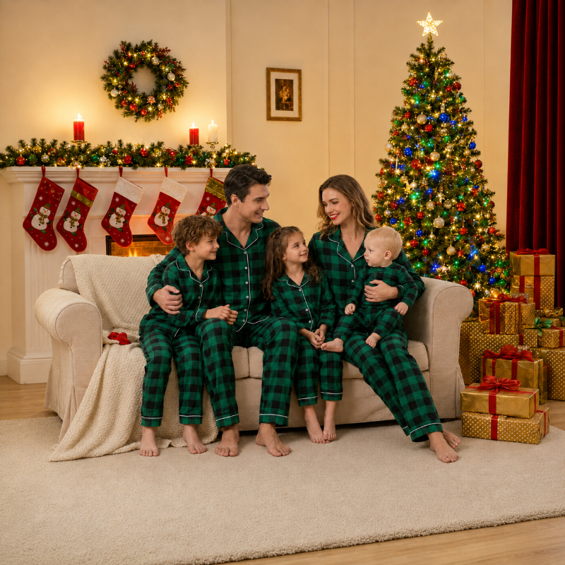 Weihnachtspyjama im Familienlook – Tannengrünes Karomuster
