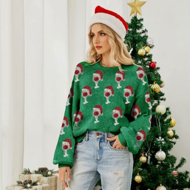 Christmas Sweater - Knitted Santa and Wine Glass