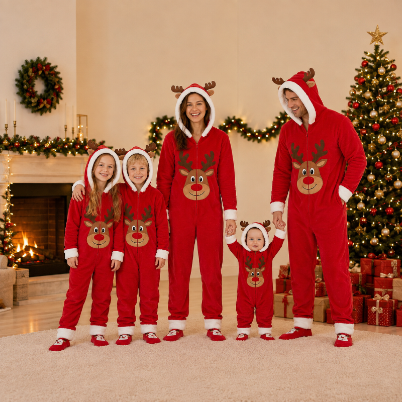 Weihnachts-Overall im Familienlook – Rotes Rentiermotiv