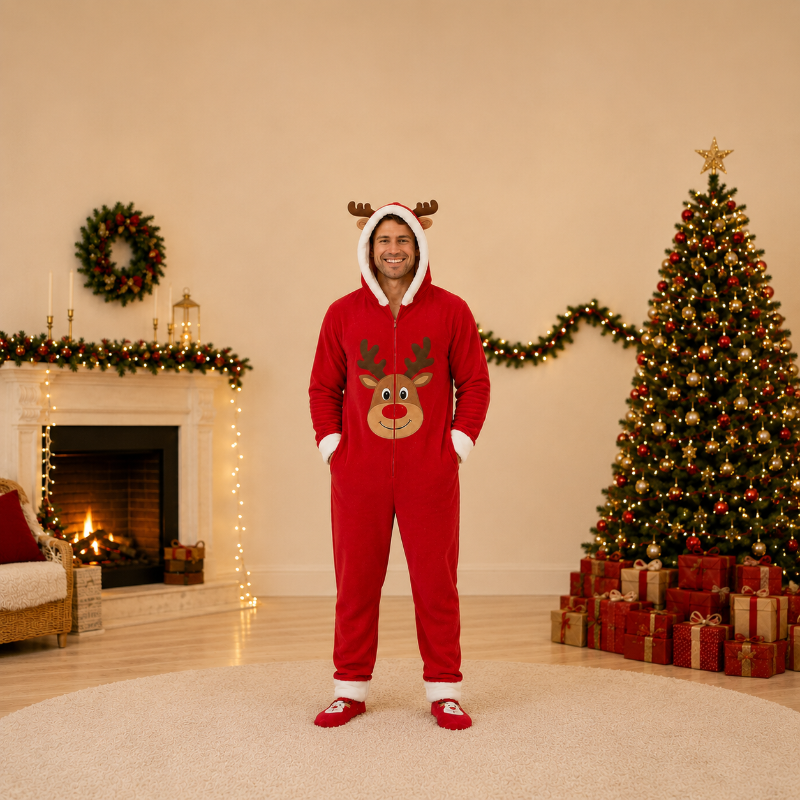 Weihnachts-Overall im Familienlook – Rotes Rentiermotiv