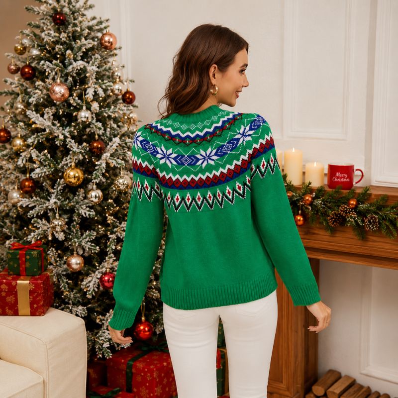 Pull de Noël - Motif géométrique vert avec col rond