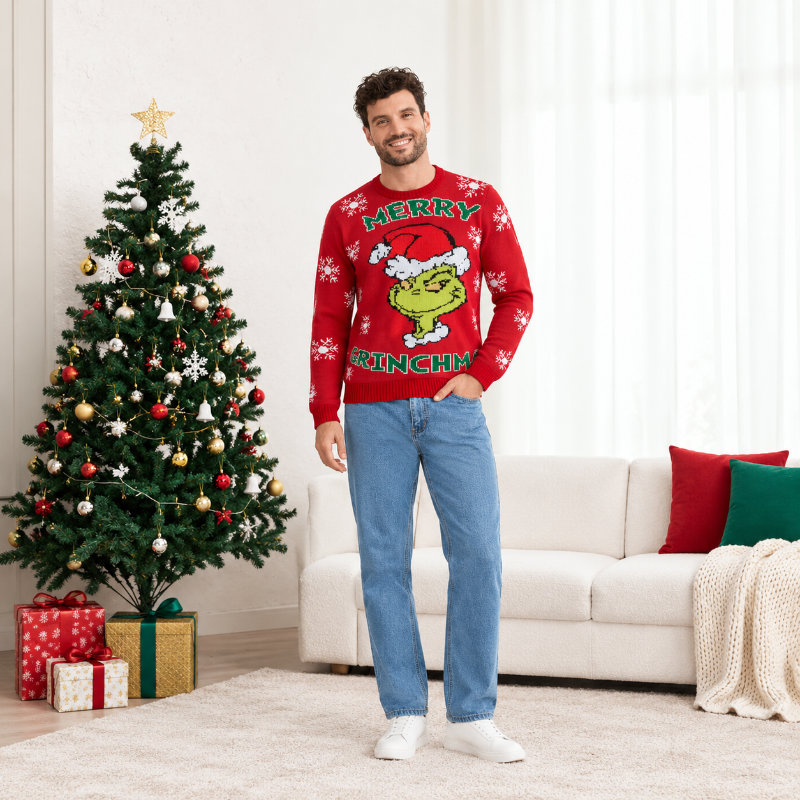 Weihnachtspullover – Grinch-Motiv mit Rundhalsausschnitt