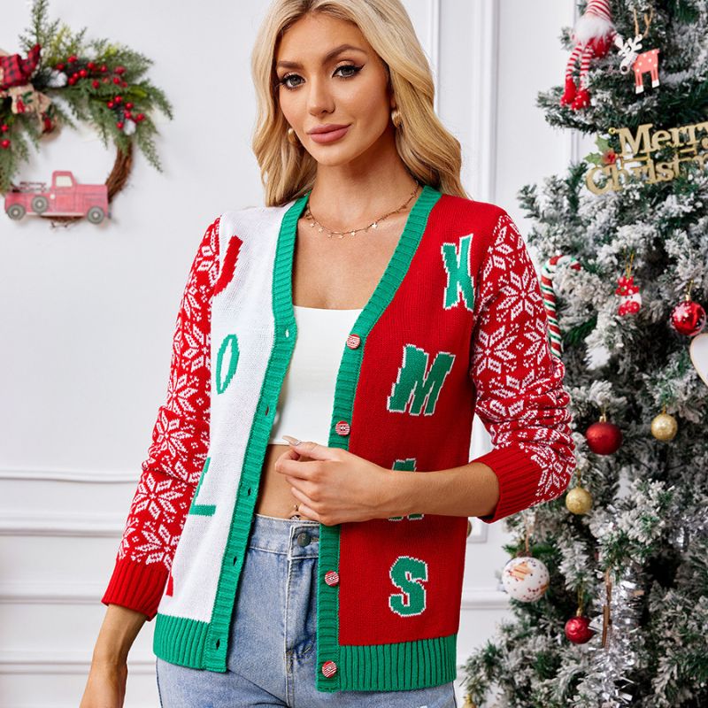 Weihnachtspullover – Fröhliches Weihnachtsmotiv mit Knopfleiste