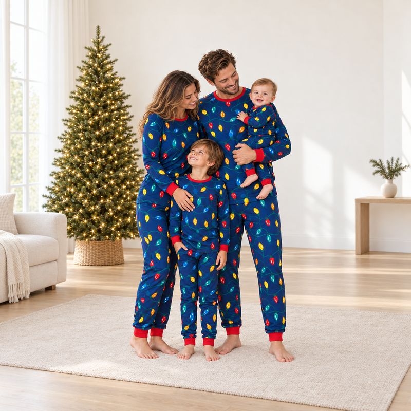 Weihnachtspyjama im Familienlook – Lichterkettenmotiv