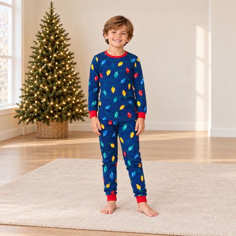 Weihnachtspyjama im Familienlook – Lichterkettenmotiv
