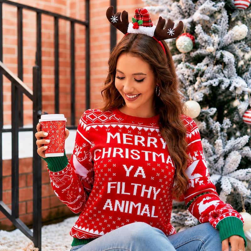 Weihnachtspullover – Weihnachtsgrüße mit Rentier und Schneeflocken