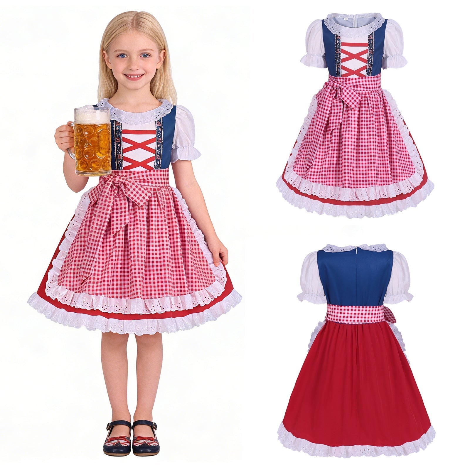 Dirndl til piger med broderet forklæde og bluse med flæser