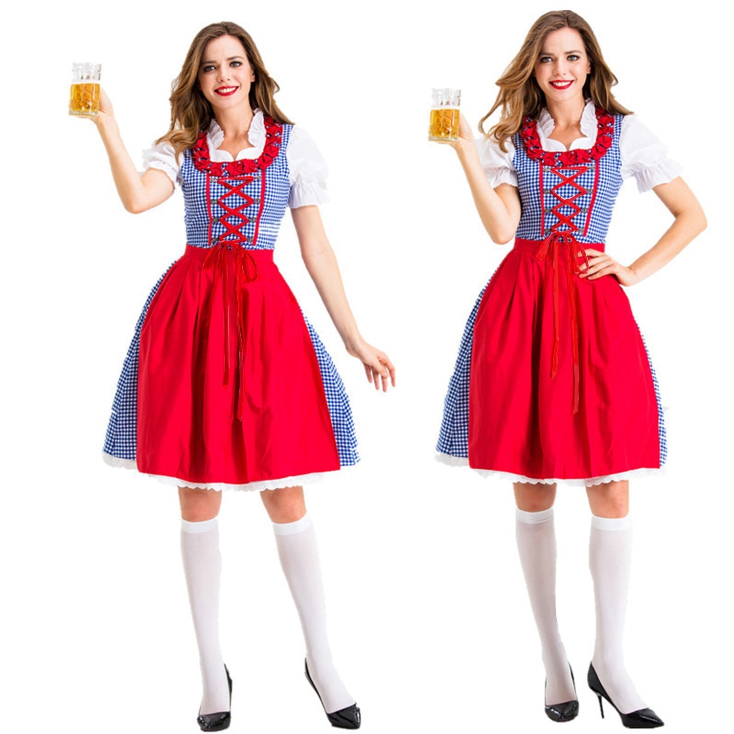 Damen Karo-Dirndl – mit Rüschenkragen und Schnürung