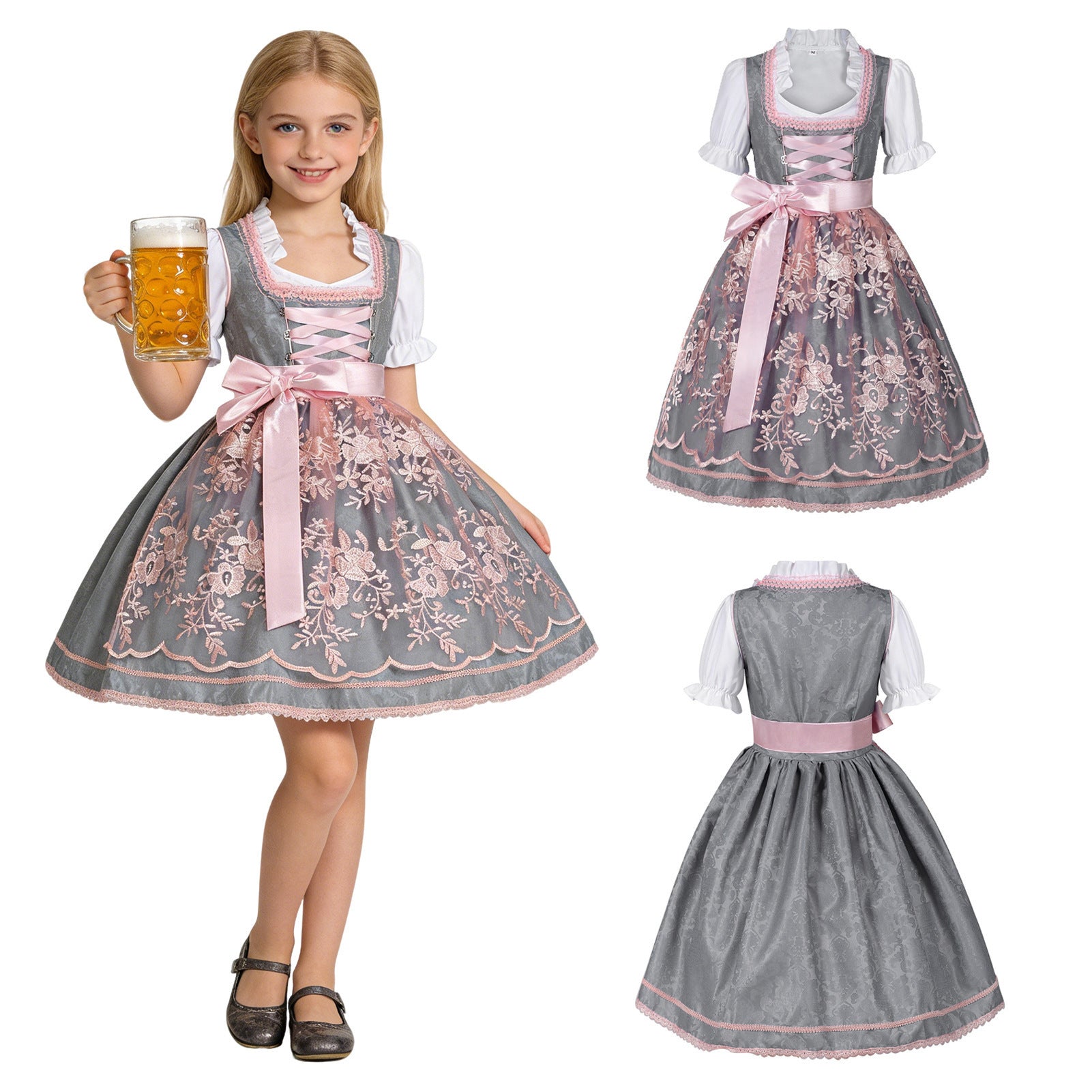 Dirndl til piger med broderet forklæde og bluse med flæser