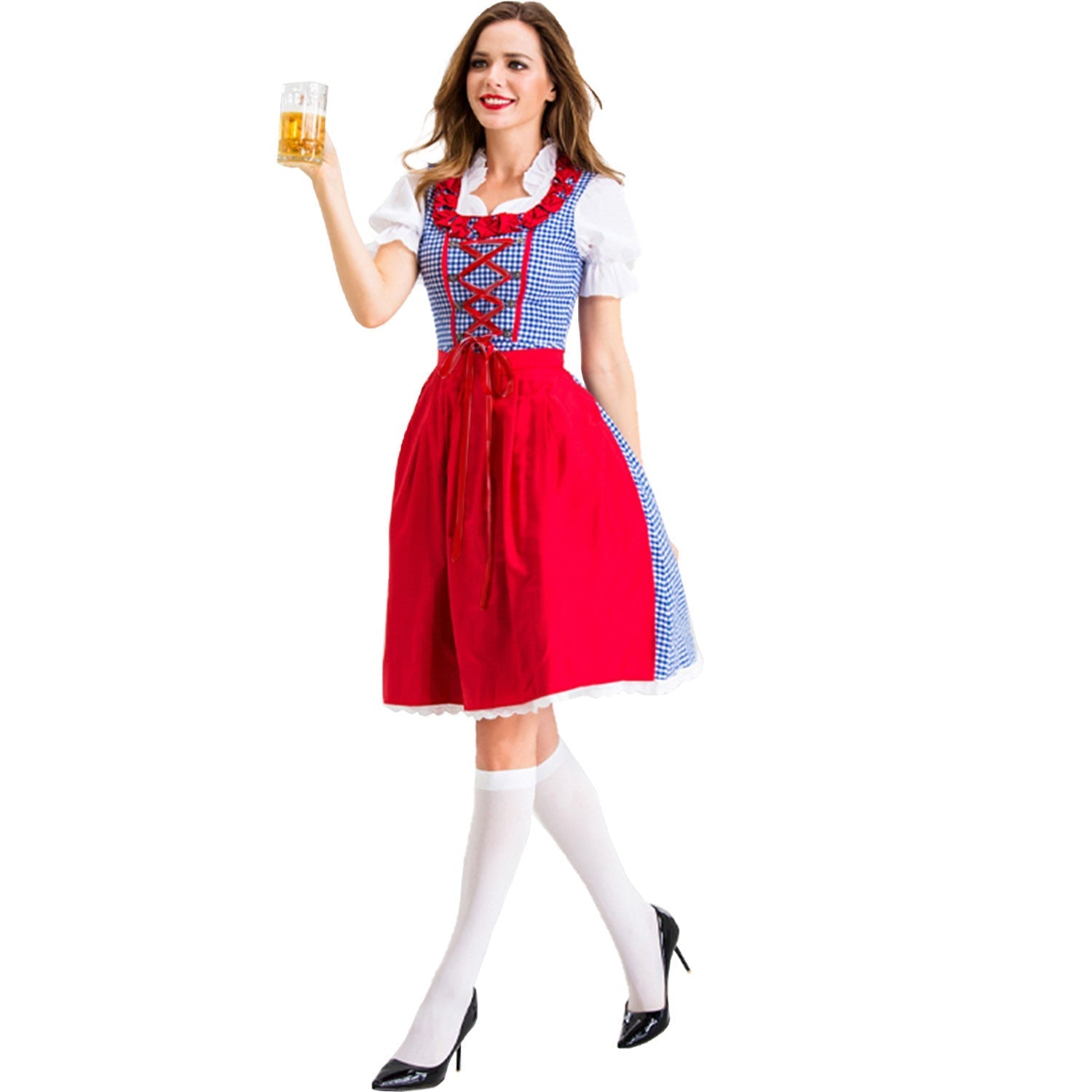 Damen Karo-Dirndl – mit Rüschenkragen und Schnürung