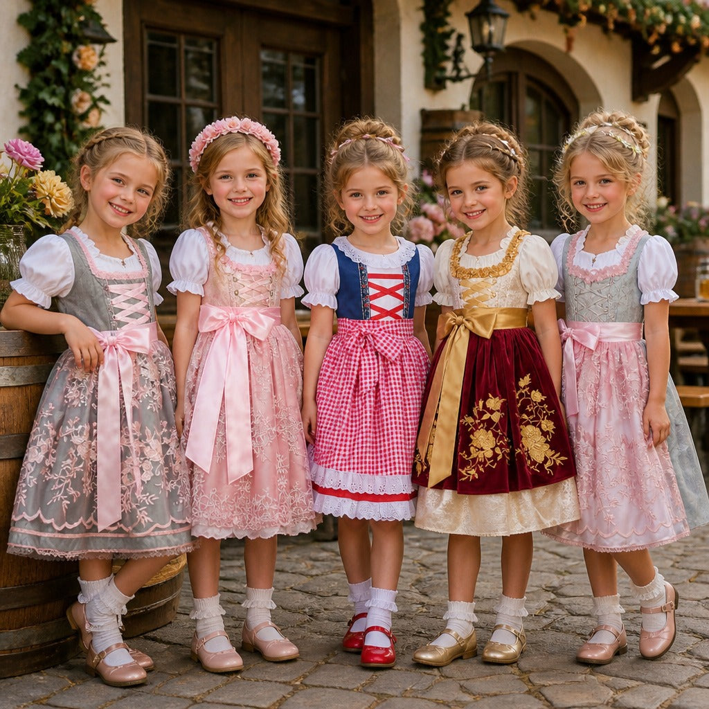 Dirndl til piger med broderet forklæde og bluse med flæser