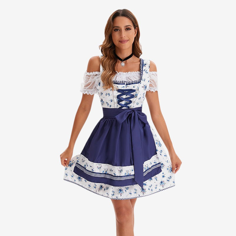 Dirndl-kjole til kvinder med snøreliv og blondeærmer